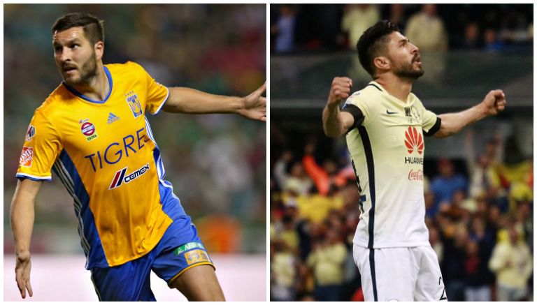 Gignac y Oribe celebran un gol con sus respectivos equipos