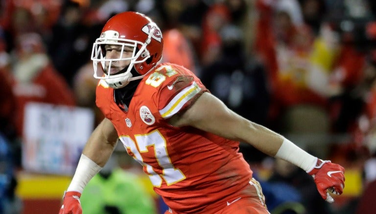 Kelce celebra una jugada para los Chiefs