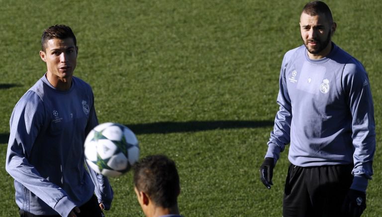 CR7 y Benezema, durante un entrenamiento en Valdebebas 