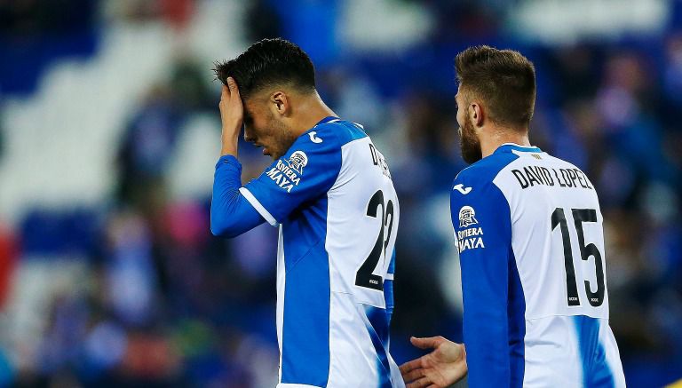 Diego Reyes se lamenta durante un partido del Espanyol 