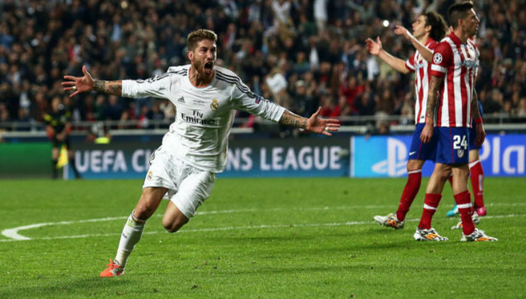Sergio Ramos celebra el gol contra en Atlético en la Final de la Champions en 2014