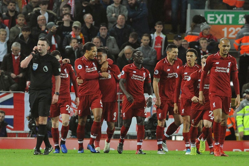 Jugadores del Liverpool, tras la goleada al Arsenal 