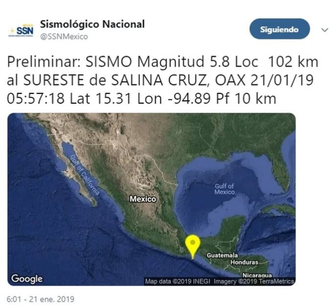 Reporte preliminar del sismo 