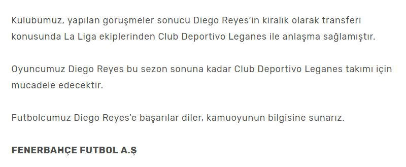 Así el comunicado del Fenerbahce respecto a Reyes 