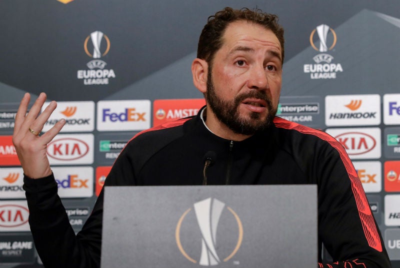 Pablo Machín durante una conferencia de prensa en la Europa League