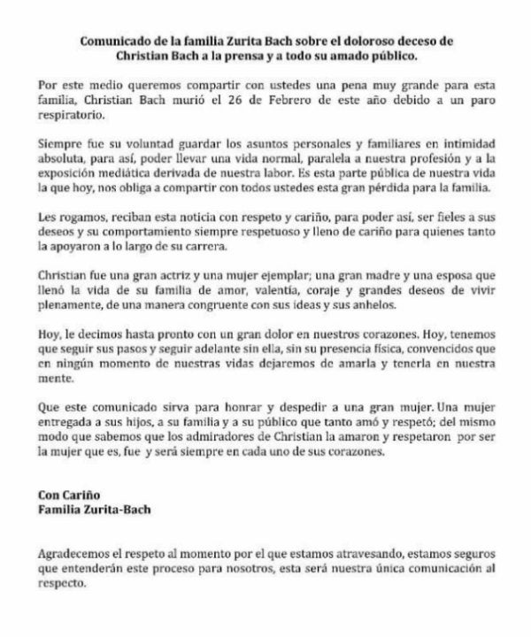 Comunicado sobre el fallecimiento de Bach