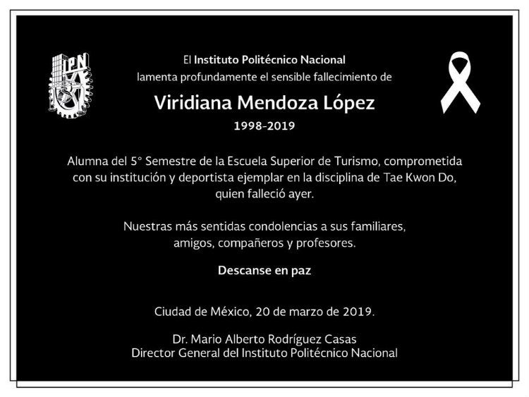 IPN lamentó el fallecimiento de Viridiana Mendoza López