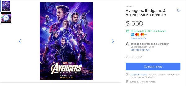 Boletos para Avengers: Endgame ofrecidas en Mercado Libre