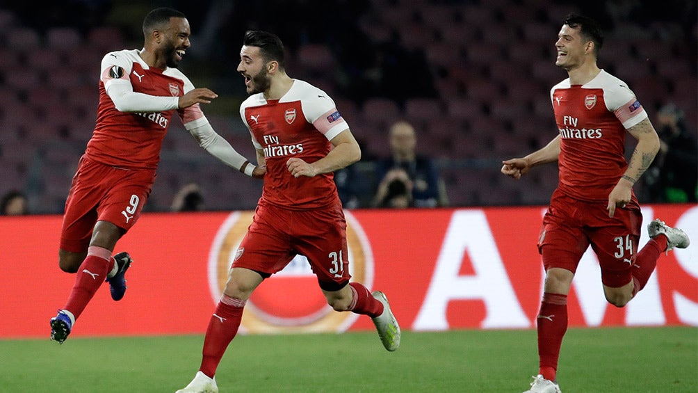 Jugadores del Arsenal en festejo de gol 