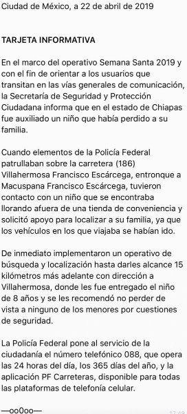 Tarjeta informativa de la Policía Federal