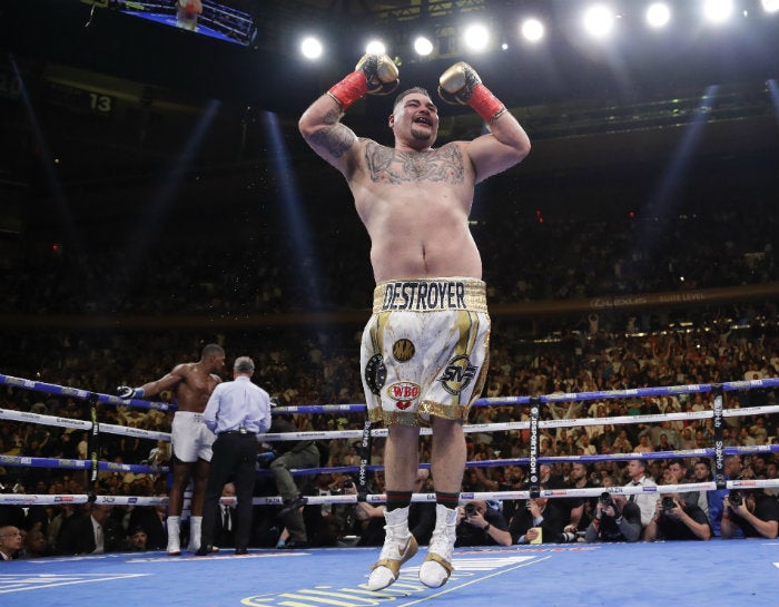 Andy Ruiz festeja durante la pelea