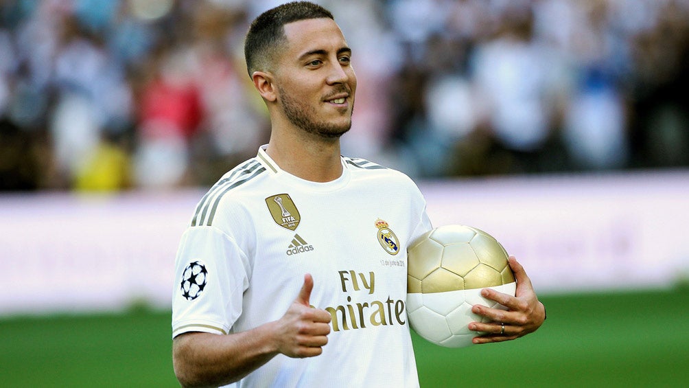 Hazard, durante su presentación en el Santiago Bernabéu 