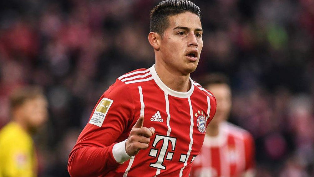 James Rodríguez festeja una anotación con el Bayern Múnich