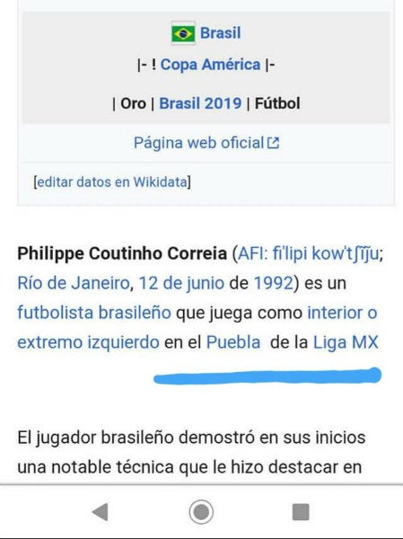 Captura de pantalla del fichaje de Coutinho por Puebla