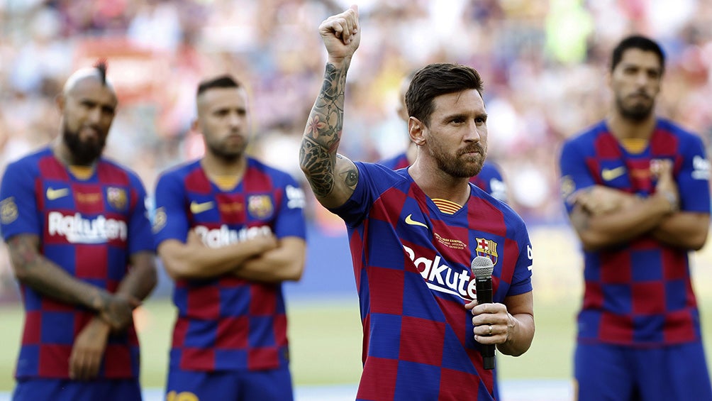 Messi, durante la presentación del nuevo uniforme del Barcelona