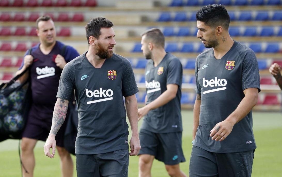 Messi y Luis Suárez en un entrenamiento del Barça