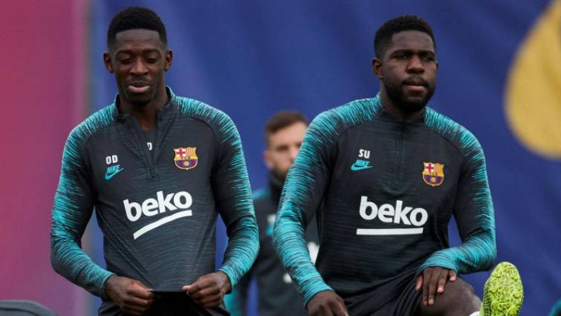 Dembélé y Umtiti en entrenamiento de Barcelona