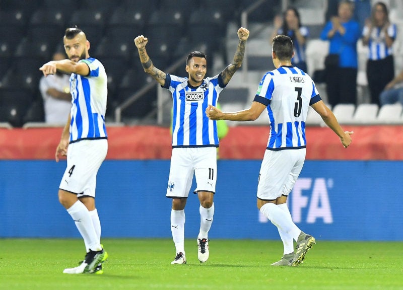 Rayados celebrando gol ante Liverpool