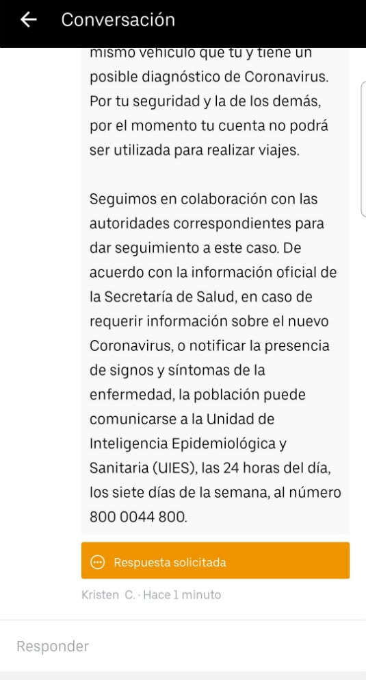 Mensaje de Uber a usuarios