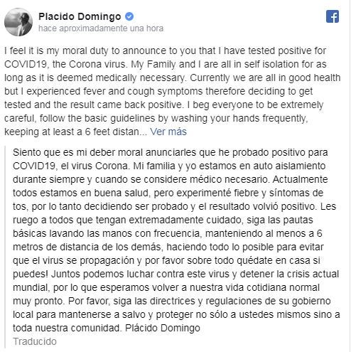 Plácido Domingo comparte un mensaje en Facebook