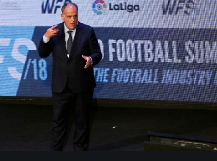 Tebas en una conferencia de la Liga Española 