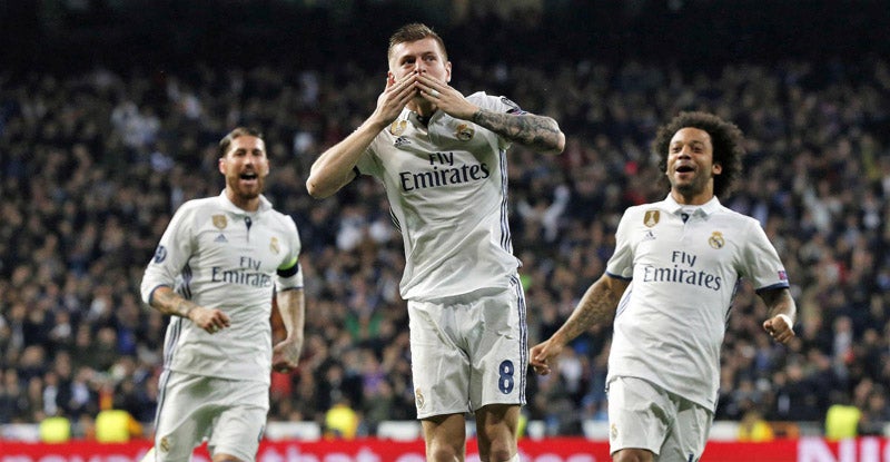 Kroos festeja un gol con el Real Madrid en La Liga 