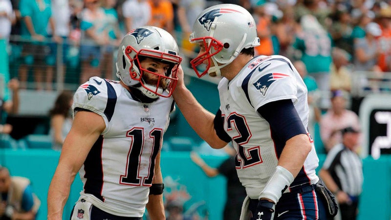 El quarterback y receptor celebran un touchdown con Pats