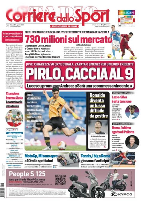 Corriere dello Sport, portada del 13 de agosto