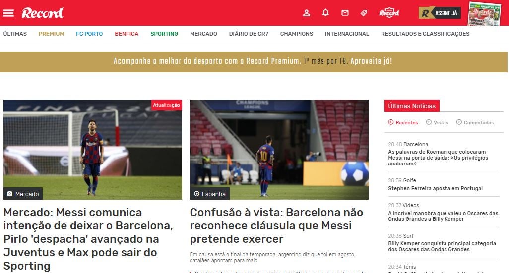 Portada en el portal de Record de Portugal