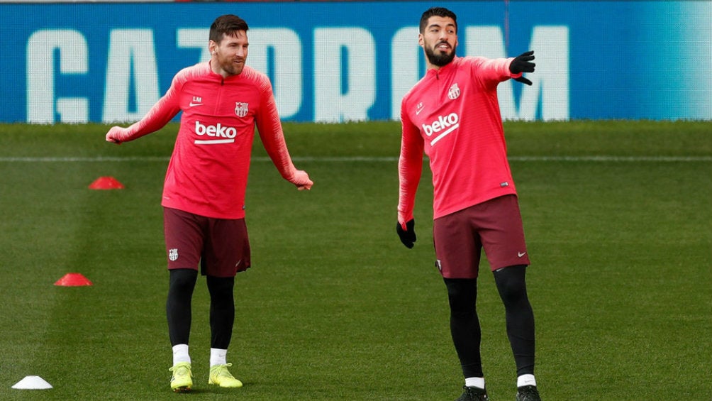 Luis Suárez y Messi en entrenamiento