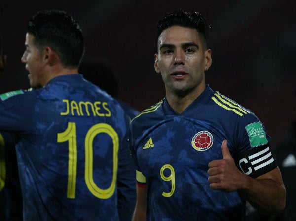 Falcao y James Rodríguez celebrando una anotación