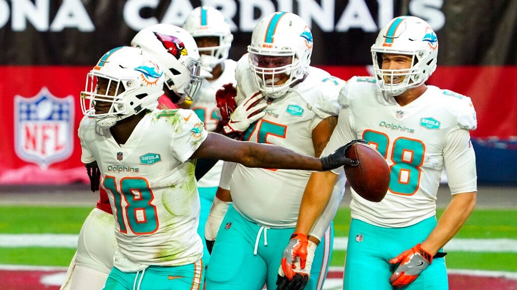 Jugadores de Dolphins celebran una anotación