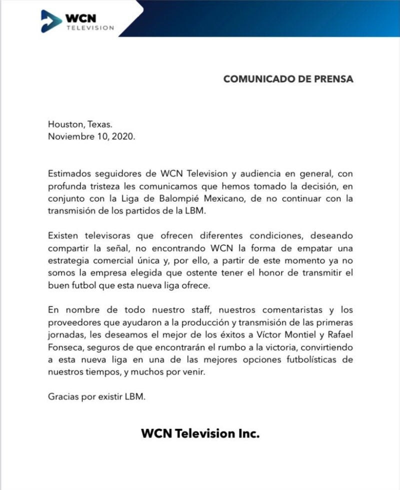 Comunicado de WCN Televisión