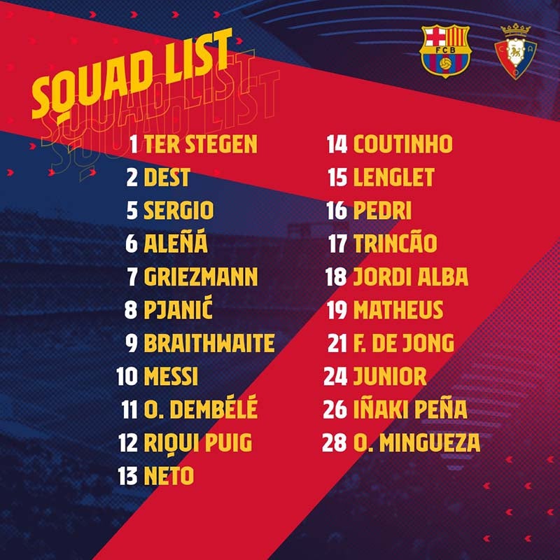 Así es la convocatoria del Barcelona para enfrentar al Osasuna 