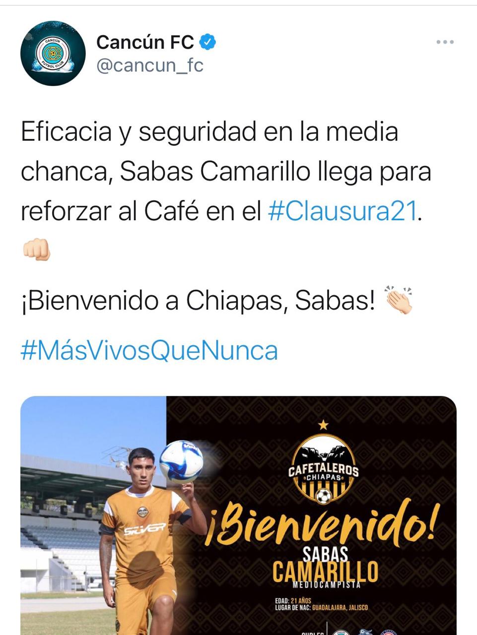 Sabas Camarillo presentado desde la cuenta de Cancún FC