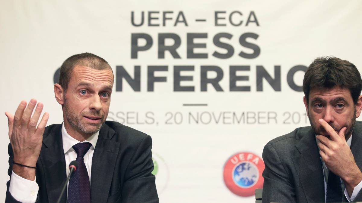 Aleksander Čeferin y Andrea Agnelli en conferencia de prensa