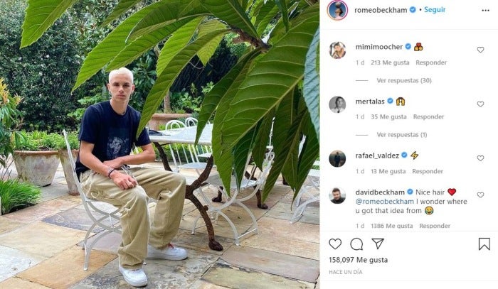 Publicación de Romeo Beckham presumiendo su nuevo look