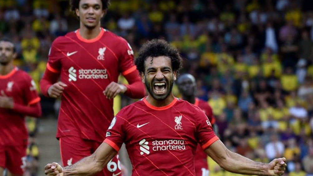 Salah celebra gol con el Liverpool en la Premier League