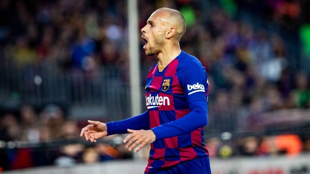 Martin Braithwaite reacciona durante partido con el Barcelona