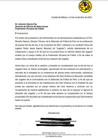 Solicitud de las Águilas a la selección de Perú para el regreso de Aquino