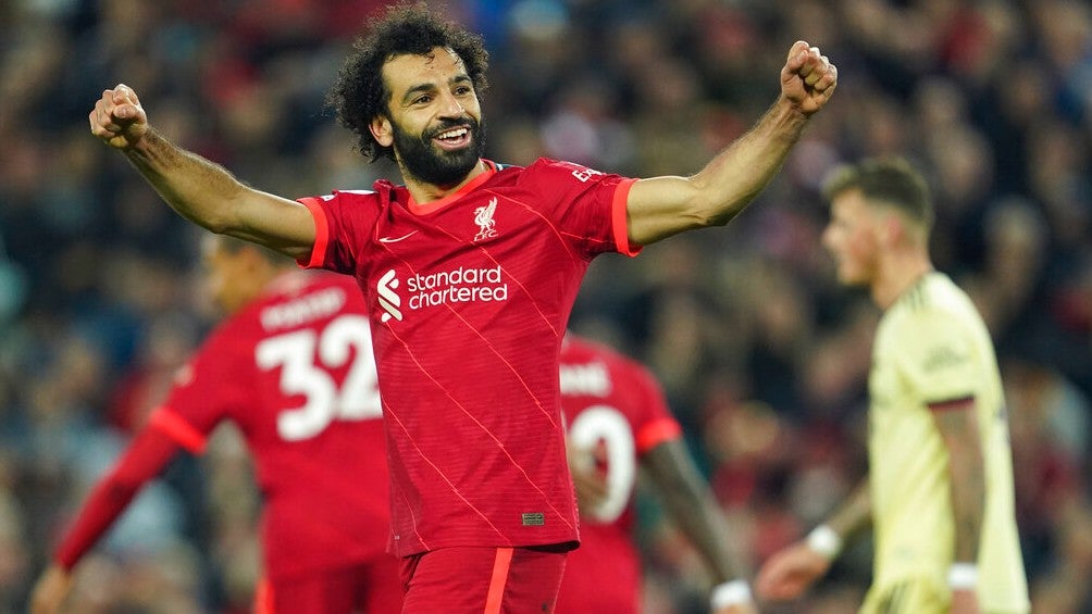 Mohamed Salah festejando gol con el Liverpool ante Arsenal