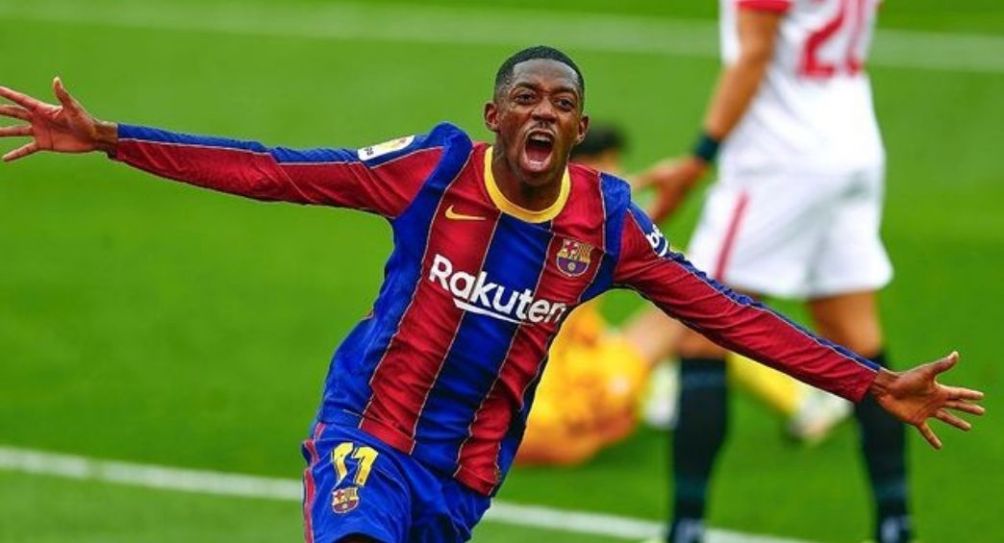 Dembelé jugando con el Barcelona