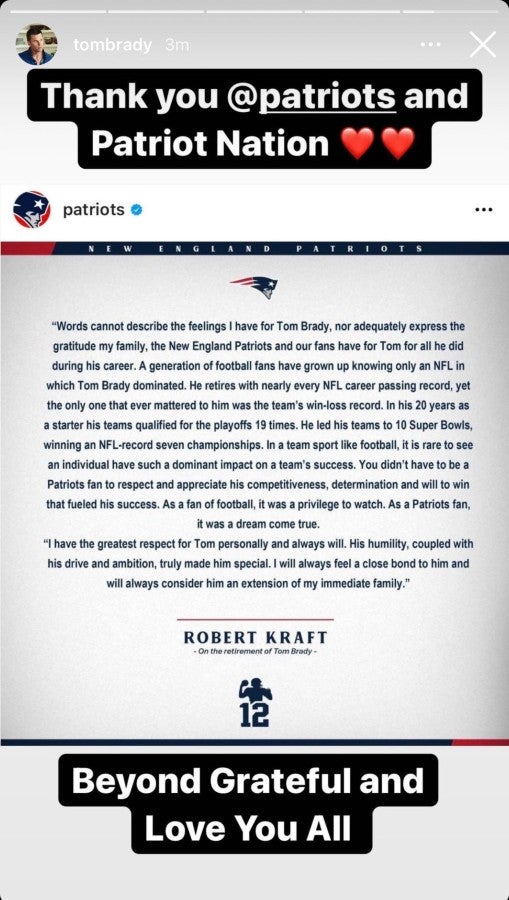 Agradecimiento de Tom Brady en Instagram