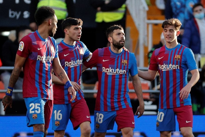 Jugadores del Barcelona festejando en gol a favor