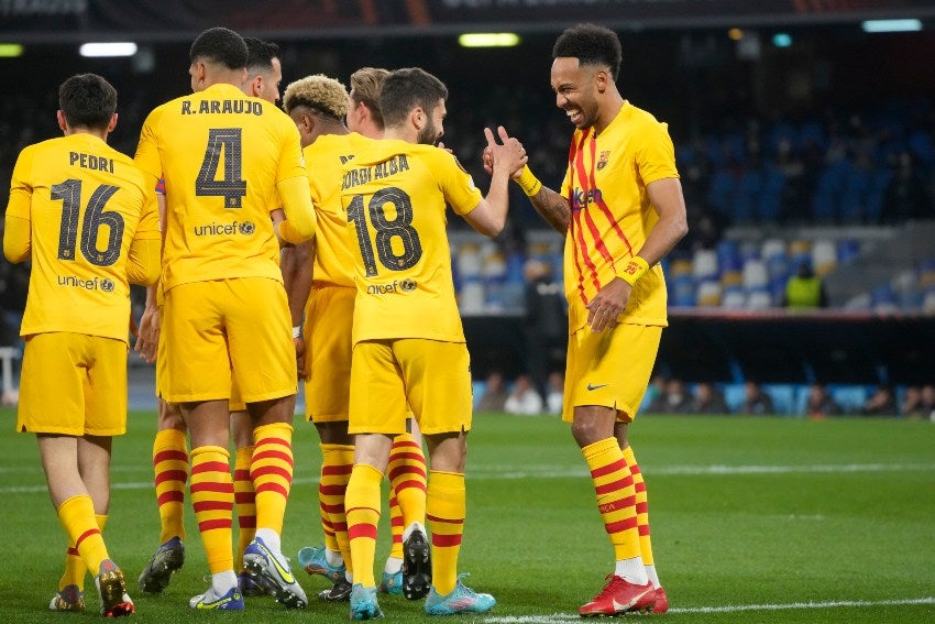 Jugadores del Barcelona festejando un gol a favor