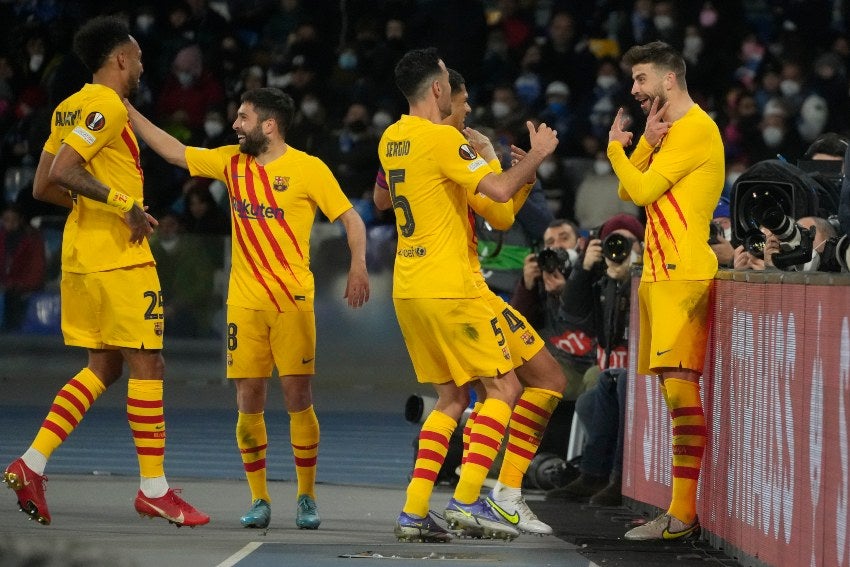 Jugadores del Barcelona festejando un gol a favor