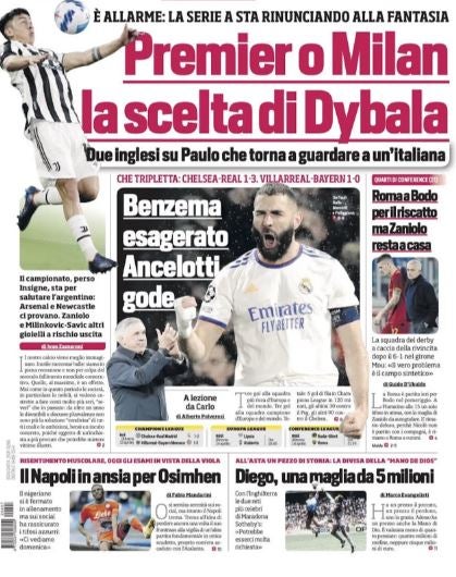 Tapa del rotativo italiano 'El corriere dello Sport'