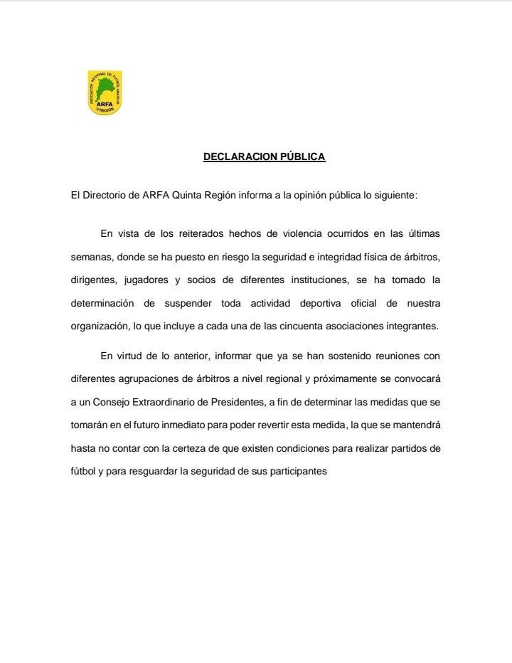 Comunicado de la ARFA tras apuñalamiento al árbitro