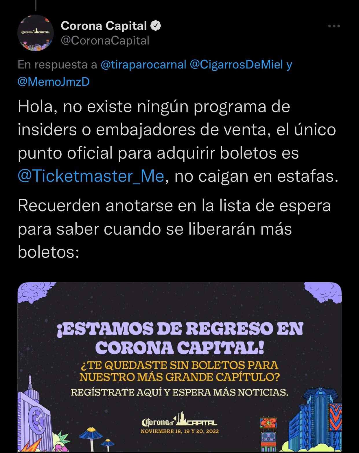 Respuesta de Corona Capital en Twitter