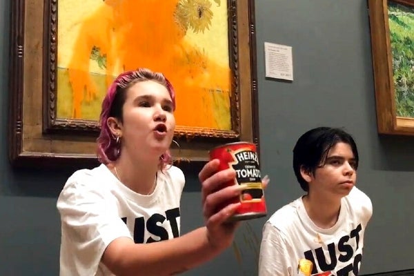 Arrojaron dos latas de sopa sobre la pintura 